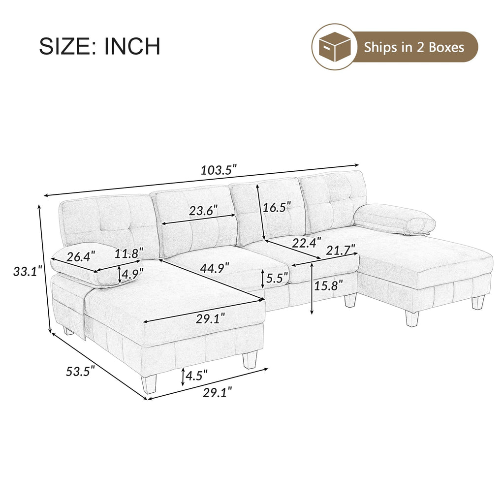 U Shaped Sectional Sofa 103.5" Chenille Fabric Couch with Dual Chaise Lounges, Storage Pockets and Armrest Pillows for Living Room, Brown