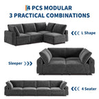 106" L-Shaped Modern Sofa Modular Sectional Cloud Couch with Charging Station, Convertible Sectional Sofa Sleeper Bed with USB/Type-C Port, Removble Chaise Sofa for Living Room, Apartment, Grey Velvet