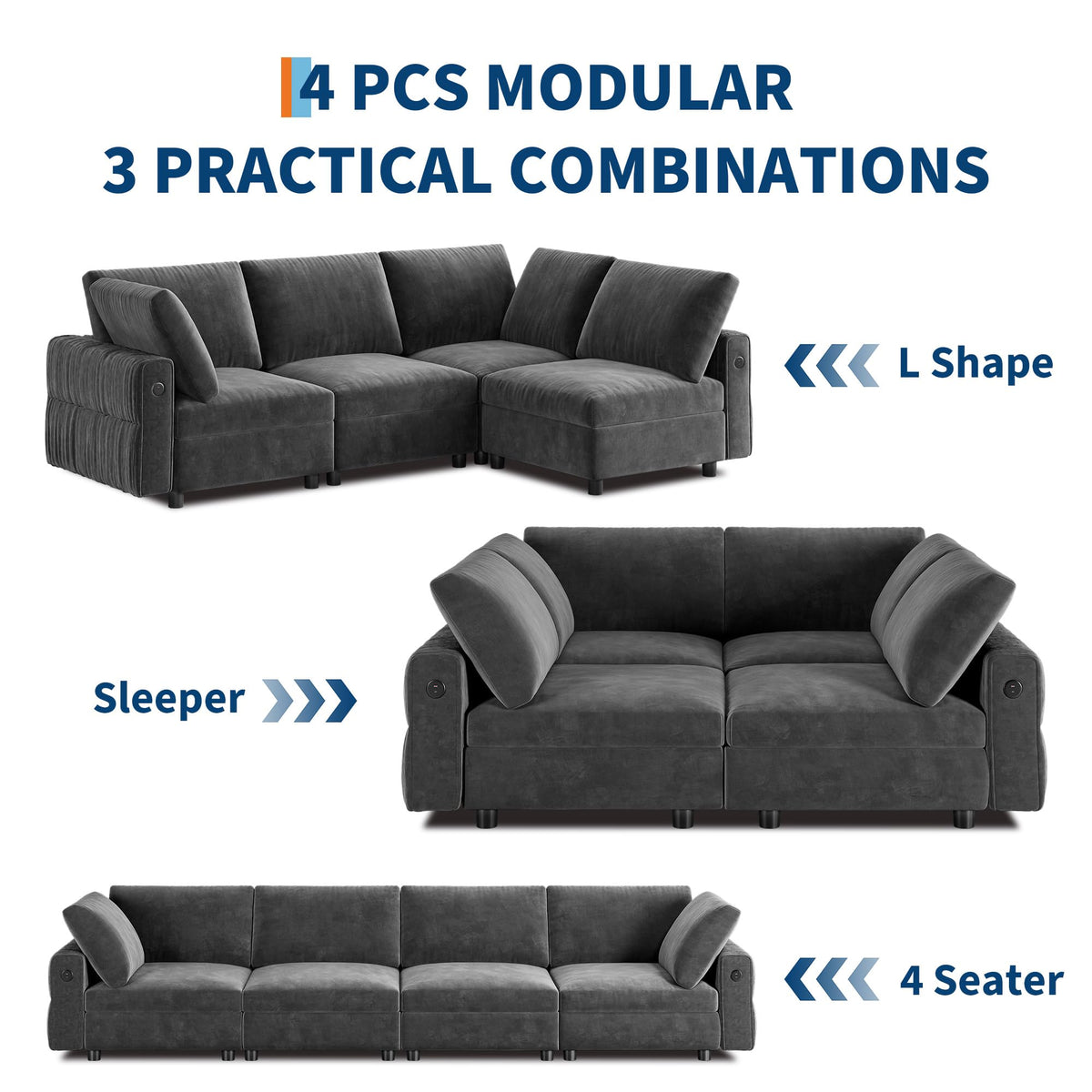 106" L-Shaped Modern Sofa Modular Sectional Cloud Couch with Charging Station, Convertible Sectional Sofa Sleeper Bed with USB/Type-C Port, Removble Chaise Sofa for Living Room, Apartment, Grey Velvet