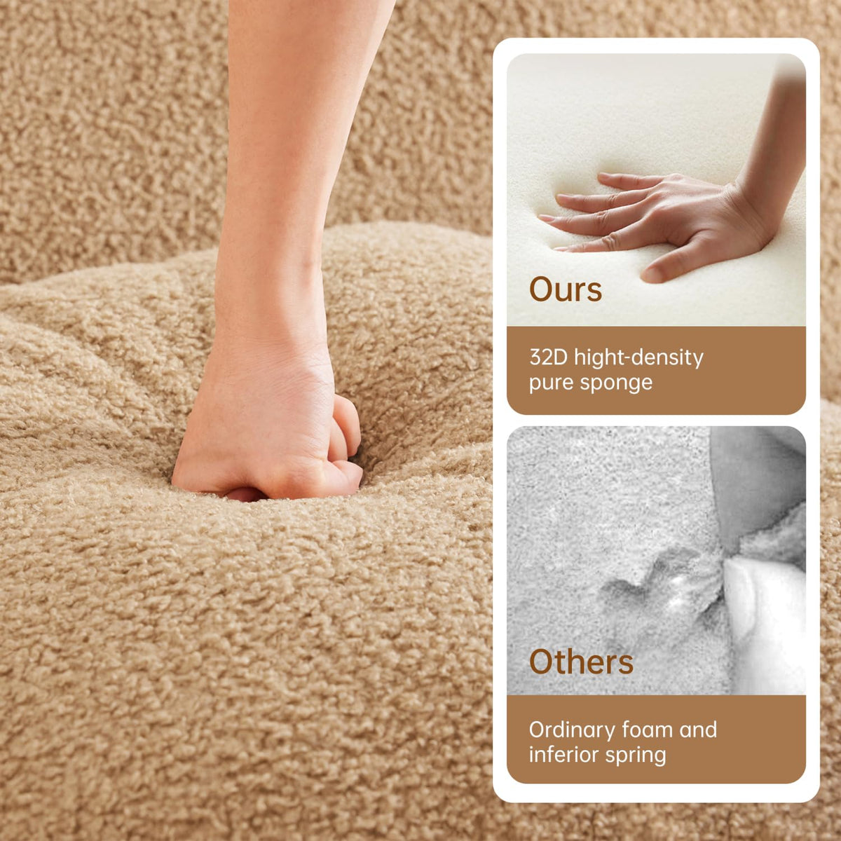 Three-Seat Boneless Sofa Teddy Fabric, No Assembly Required, Ergonomic Design, Camel