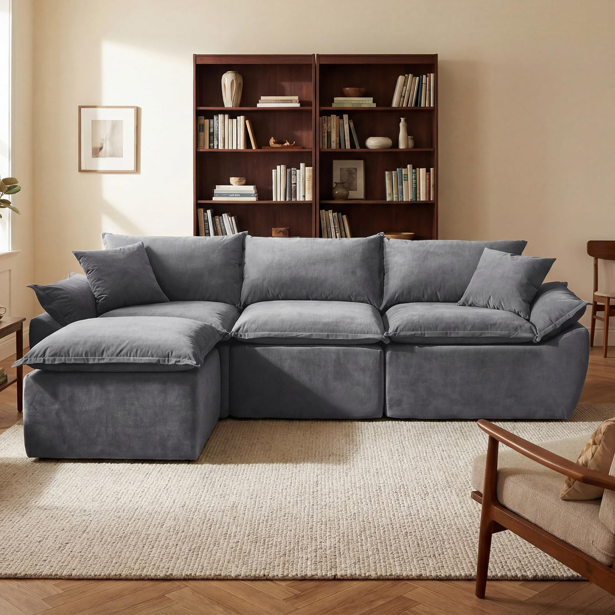 108" Modular Sectional Sofa, 3-Seater Cloud Couch with Moveable Ottoman, L-Shaped Boneless Sofa, Deep Seat Comfy Couches for Living Room Bedroom, No Assembly Required, Gray