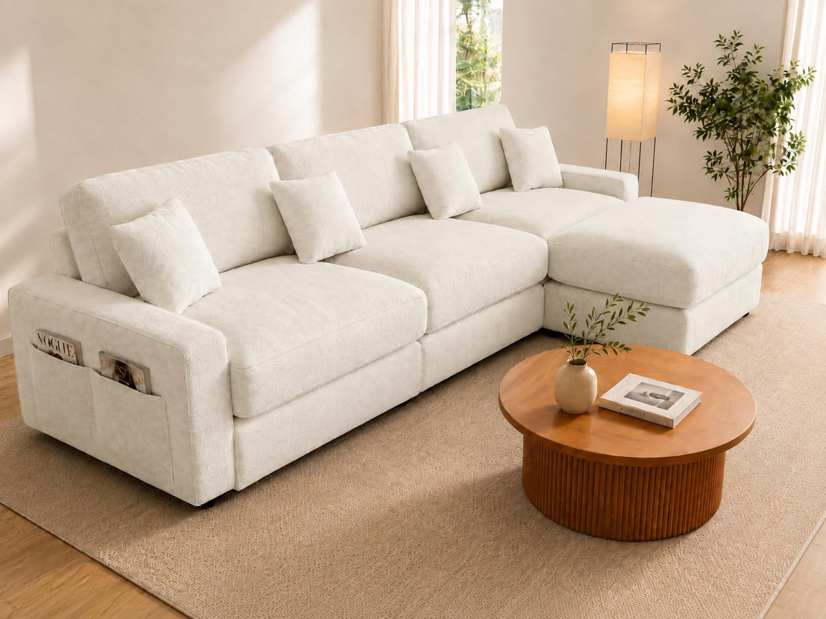 WEUP 148" Modular Sectional U Shaped Sofa Couches,Oversized Cloud Couch with Movable Ottoman,Comfy Chenille Sofa with Pillow,Side Pockets,for Living Room,Bedroom,Apartment,Beige