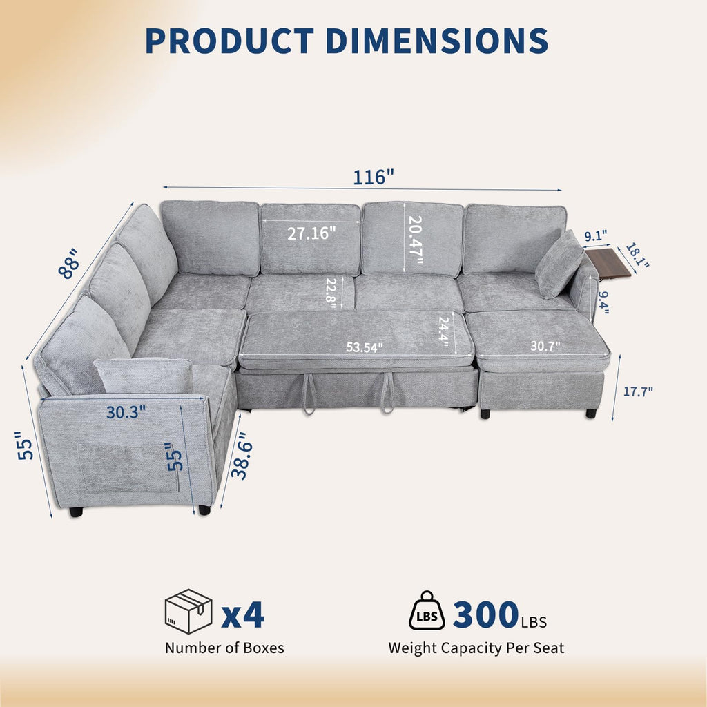 116" Modular Sectional Couch, U Shaped 7 Seater Sofa with Pull Out Bed, Chenille Cloud Upholstery, Ottoman, Folding Side Table, USB Charging Stations, Grey