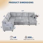 116" Modular Sectional Couch, U Shaped 7 Seater Sofa with Pull Out Bed, Chenille Cloud Upholstery, Ottoman, Folding Side Table, USB Charging Stations, Grey