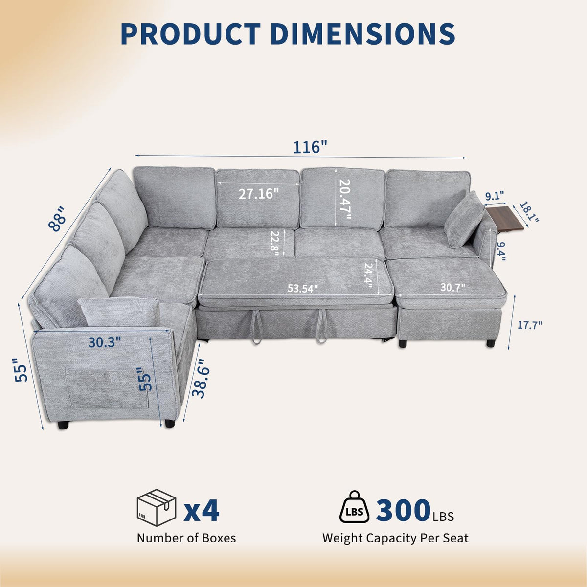 116" Modular Sectional Couch, U Shaped 7 Seater Sofa with Pull Out Bed, Chenille Cloud Upholstery, Ottoman, Folding Side Table, USB Charging Stations, Grey