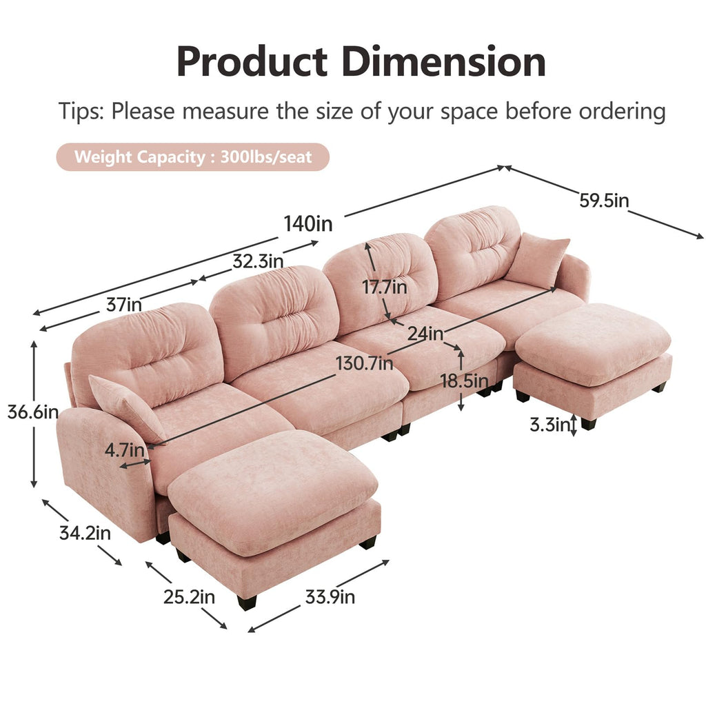 107" L Shaped Couch, Chenille Upholstered Modular Sectional Sofa, 3 Seater Deep Seat Sofa with Movable Ottoman, Modern Cloud Couch with Thick Seat Cushion, Sectional Couches for Living Room, Pink