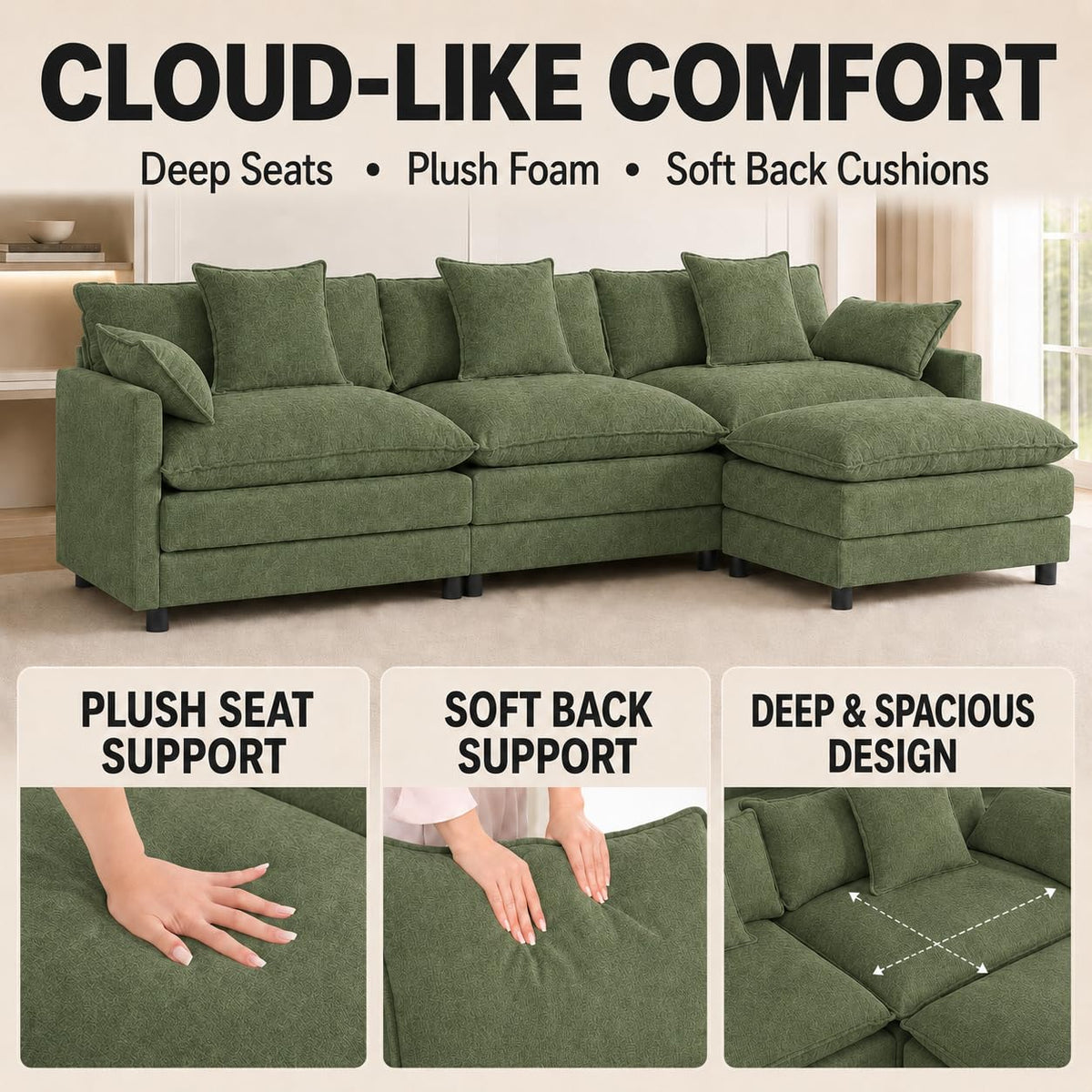 108" Modular Sectional Sofa with Ottoman, Chenille, Green