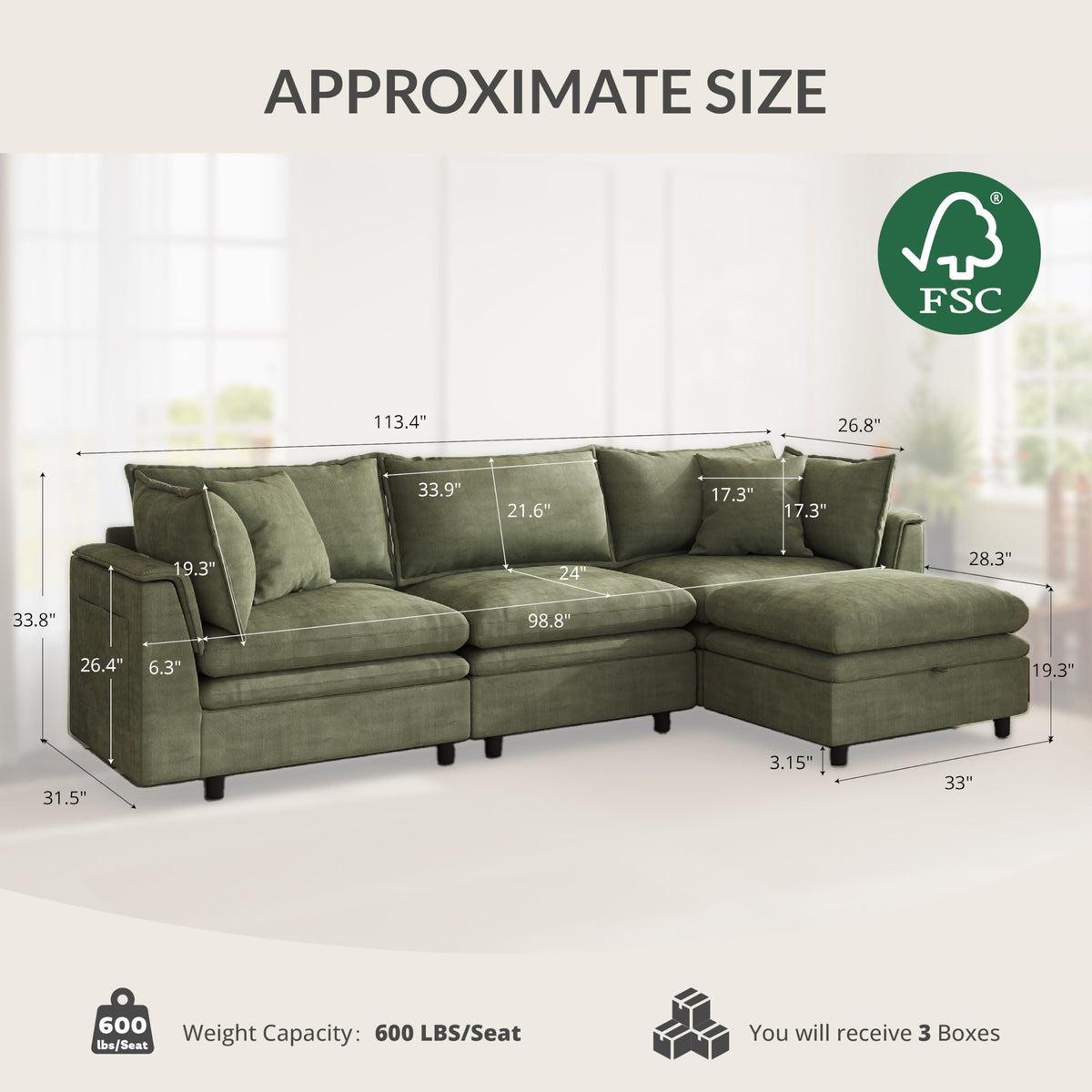 113.4''Sectional Couches for Living Room with Storage Ottoman