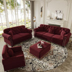 ZOEDO Upholstered Velvet Sofa with Nailhead Trim and Rolled Armrests,Mid-Century Modern Chesterfield Sofa with Button Tufted,Includes 1 Ottoman,Burgundy