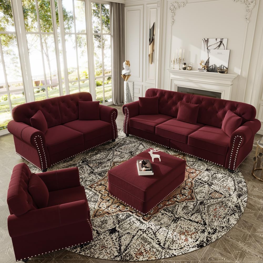 ZOEDO Upholstered Velvet Sofa with Nailhead Trim and Rolled Armrests,Mid-Century Modern Chesterfield Sofa with Button Tufted,Includes 1 Ottoman,Burgundy
