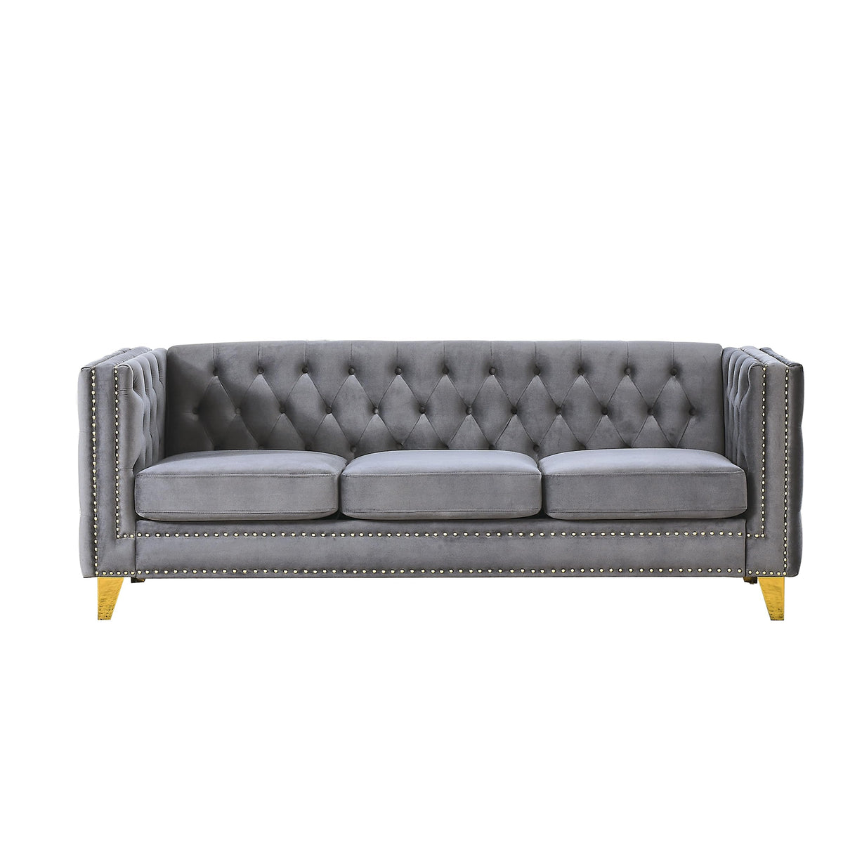 Tidyard Velvet Sofa for Living Room, Modern Button Tufted 3-Seater Couch with Metal Legs, Grey Upholstered Square Sofa for Bedroom or Office, 8? W, No Pillows