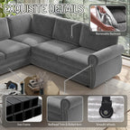 118'' Pull Out Couch, Convertible Sleeper Sofa Bed, Upholstered Sectional Sofa, Chenille L-Shaped Couch with Nailhead Trim, Modern Sectional Couches for Apartment, Living Room, Light Grey