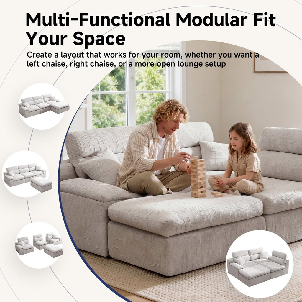 110" Sectional Boneless Sofa with Ottoman, L-Shaped Couch Bed No-Assembly Modular Sofa