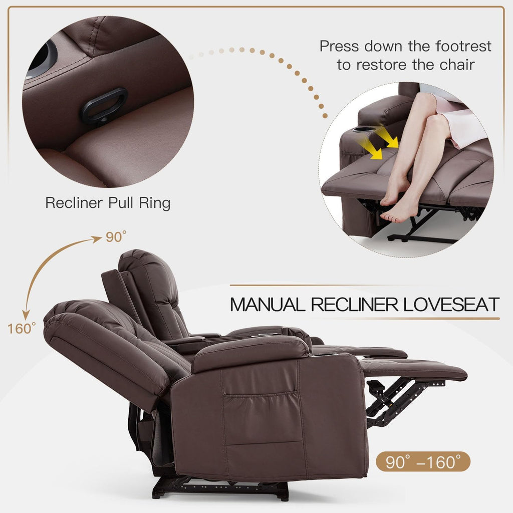 YODOLLA Reclining Loveseat Sofa with Dual Center Console, 4 Cup Holders, 2 Side Pockets, Manual Wall Hugger Recliner Couch for RV and Living Room, Faux Leather Brown