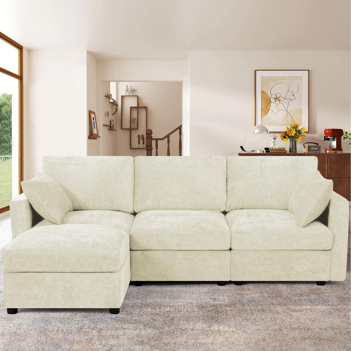 110" Chenille 4 Seats Couch with 2 Ottomans, Black