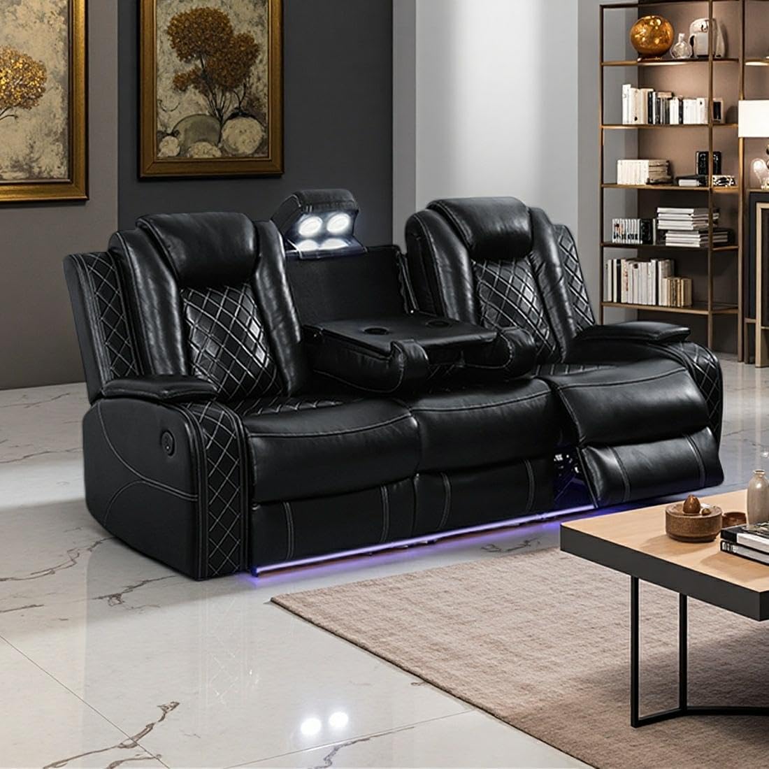 Power Recliner Sofa Set with LED Light, Black Leather Sectional Sofa and Chair Set, Living Room Furniture Sets, Modern Power Reclining Sets with Storage Console for House