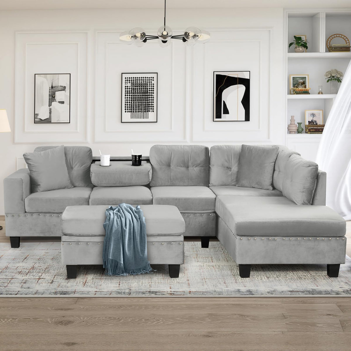 105" Modern Sectional Sofa with Storage Ottoman Gray Design Living Room Cozy Comfort