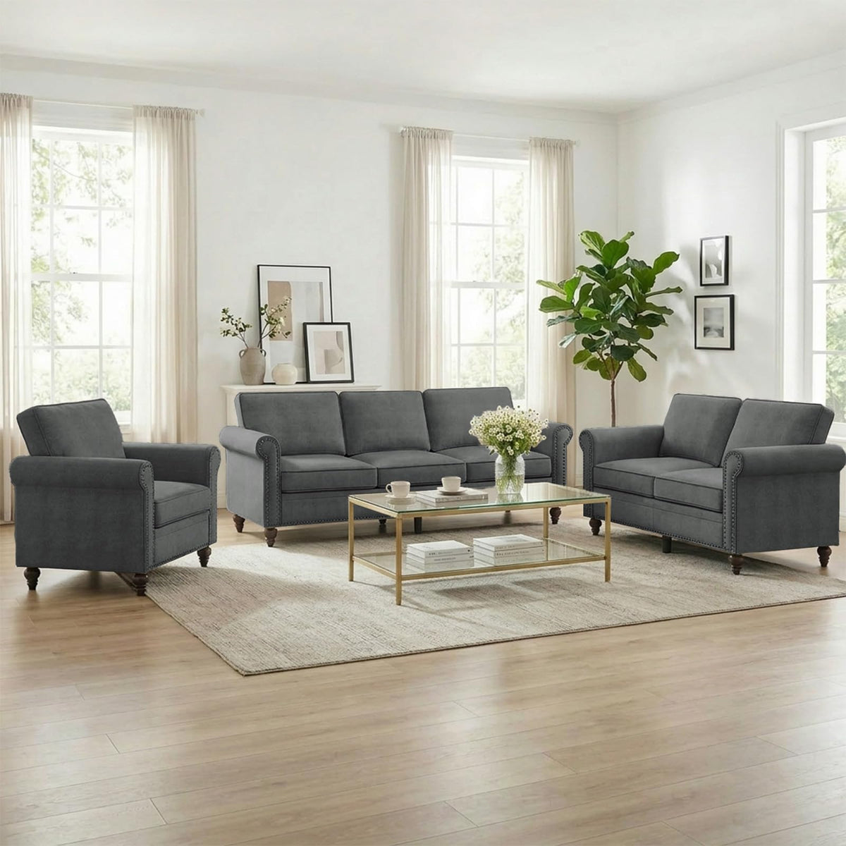 Living Room Sofa Sets 3 Piece, Modern 3 Seater Sofa and Loveseat Couch and Armchair Sets, Linen Fabric 3-Seat + 2-Seat Couch+ Single Accent Chair Furniture Sets