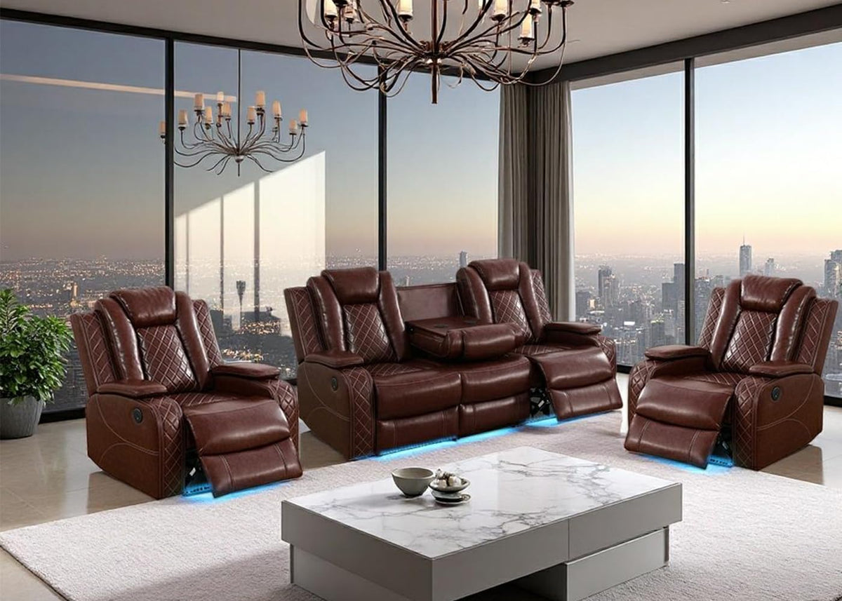 Power Recliner Sofa Set with LED Light, Black Leather Sectional Sofa and Chair Set, Living Room Furniture Sets, Modern Power Reclining Sets with Storage Console for House