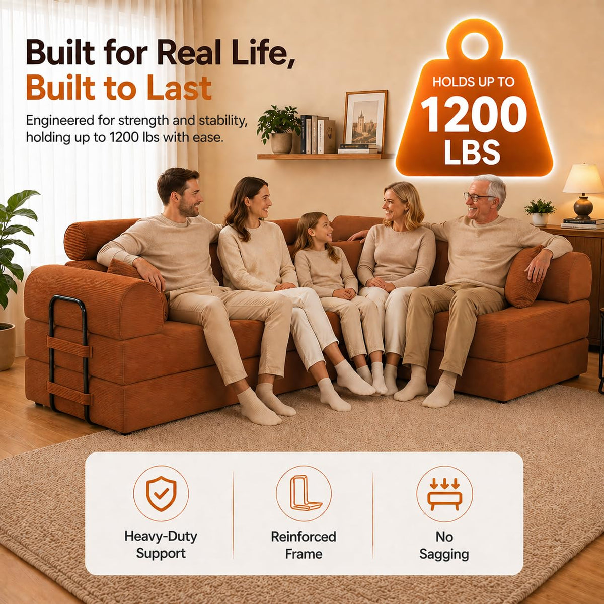 106" Convertible Sleeper Sectional Sofa Bed, 4-in-1 Corduroy Boneless Couch with Fixed-Shape Frame, Modular L-Shaped Sofa with Pillows, Fold Out Floor Sofa for Living Room Apartment (Orange)