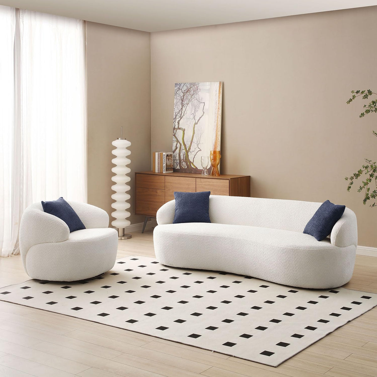 WILLIAMSPACE 93.6" Curved Sofa, Modern Upholstered Boucle Curved Couch with 3 Throw Pillows, 3-Seat Sofa Couch for Living Room, Apartment (Beige)