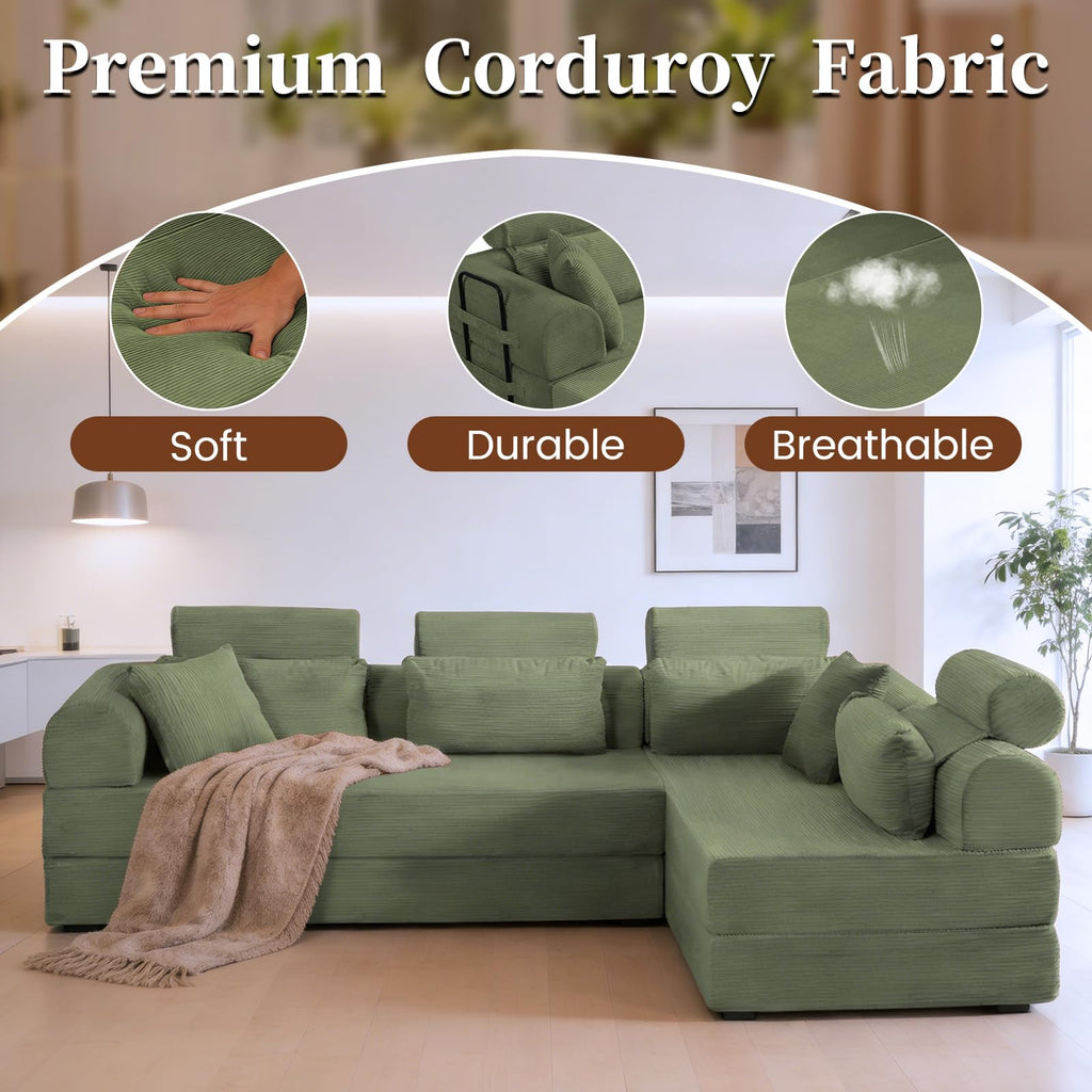 106" Convertible Sleeper Sectional Sofa Bed, 4-in-1 Corduroy Boneless Couch with Fixed-Shape Frame, Modular L-Shaped Sofa with Pillows, Fold Out Floor Sofa for Living Room Apartment (Light green)