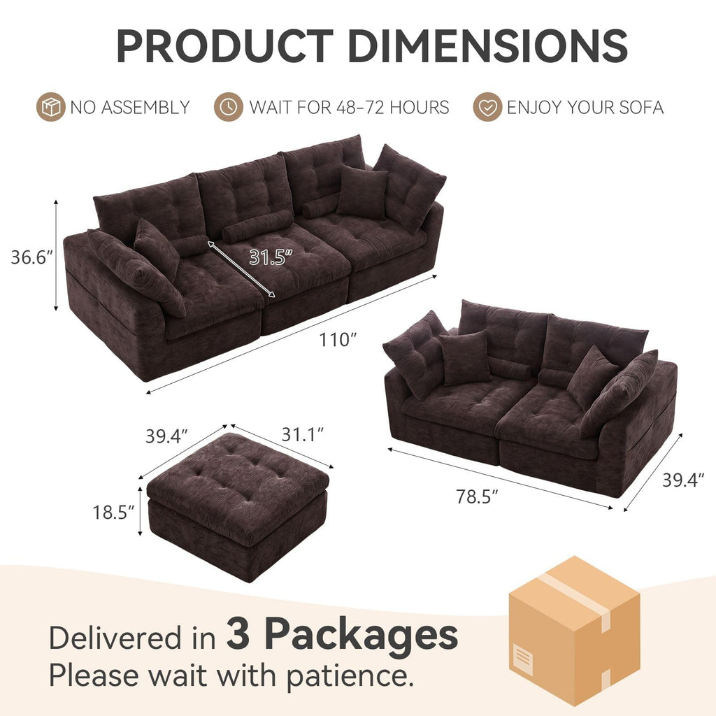 110" Living Room Sofa Set, Chenille Tufted Couch and Loveseat Sets for Living Room, Modular Sectional Boneless Couch with Ottoman & Throw Pillows, Brown