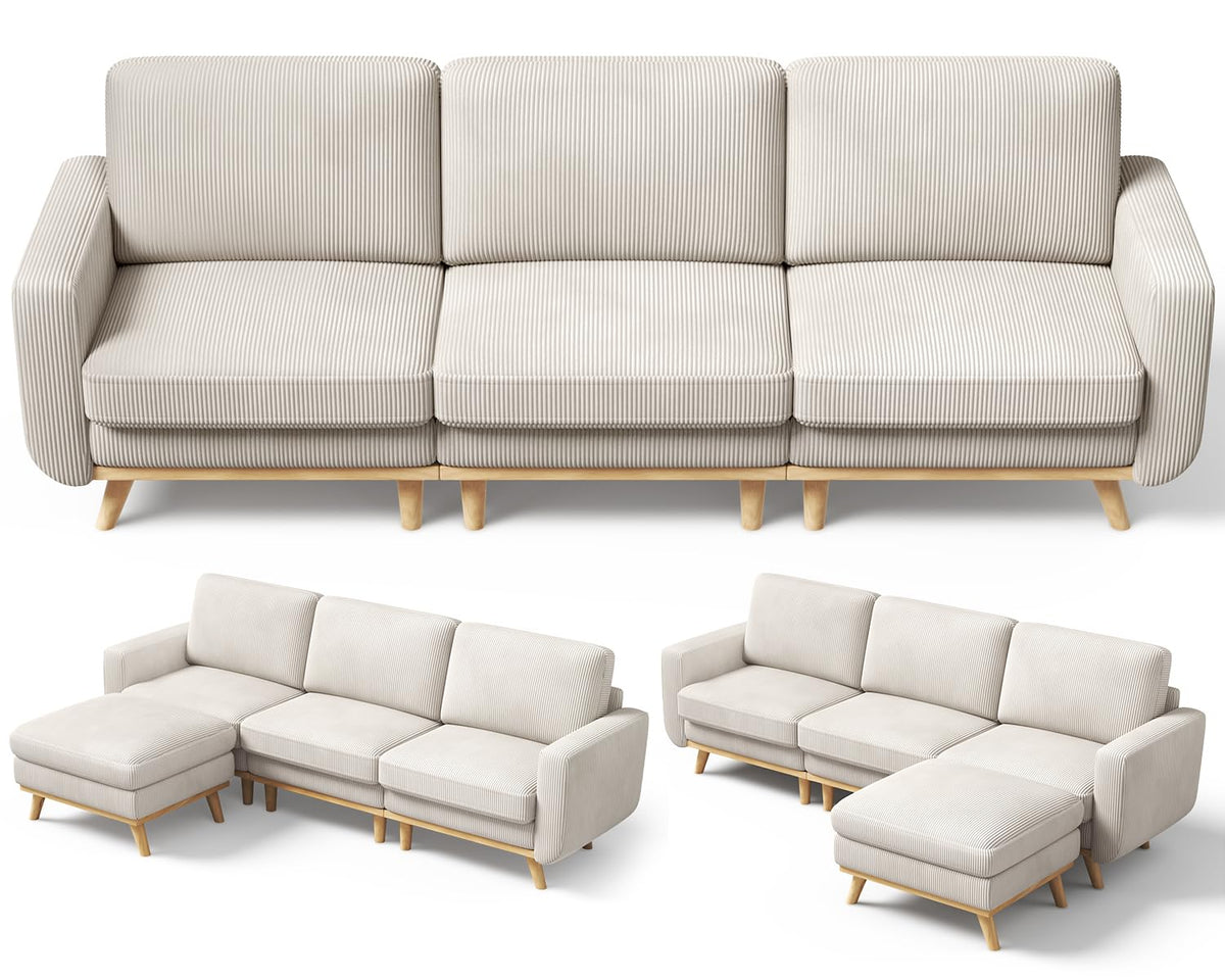 Vesgantti L-Shaped Modern Sofa, Modular Sectional Cloud Couch with Ottoman, Comfy Corduroy Deep Seat Sofa for Living Room, Bedroom and Apartment, Dark Gray