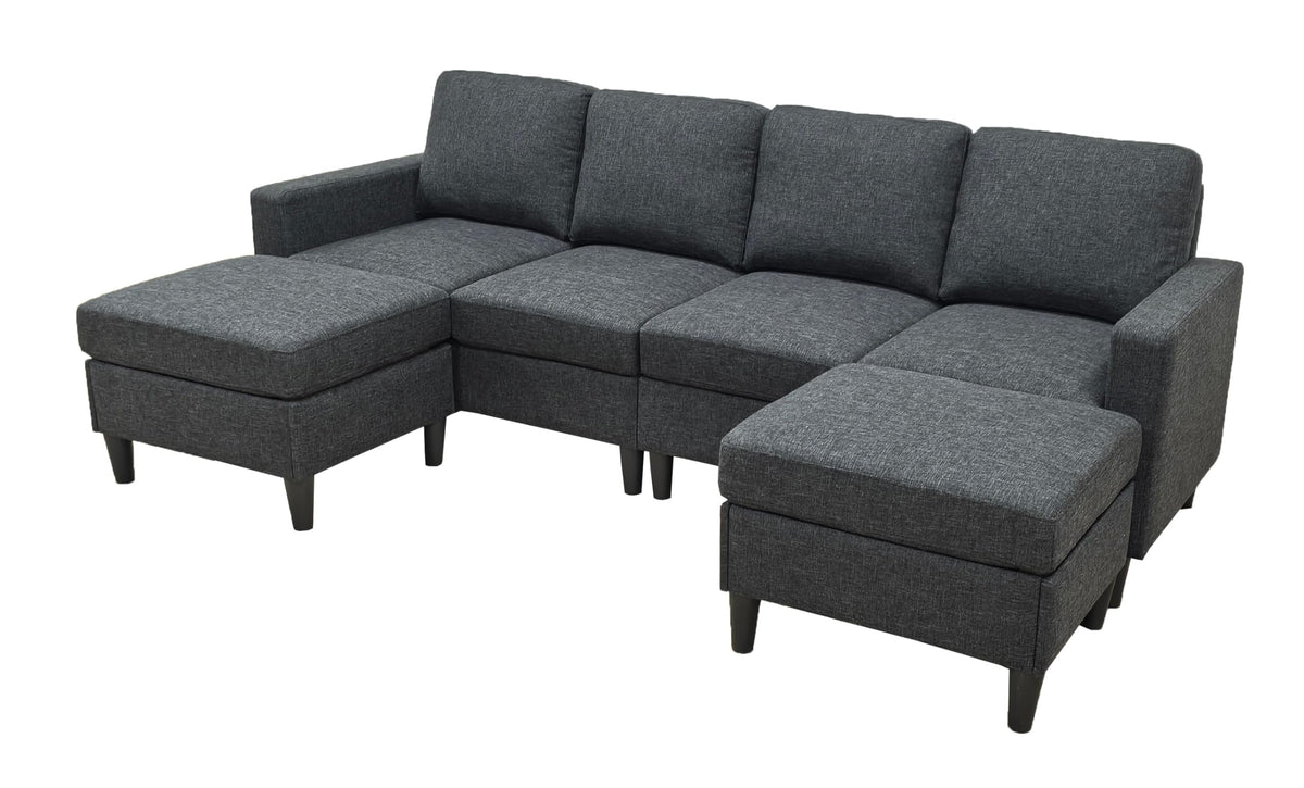 Tidyard Linen Upholstered Modular Sectional Sofa with 2 Ottomans, Grayish Black, Tall Legs, Easy Assembly, No Tools Required