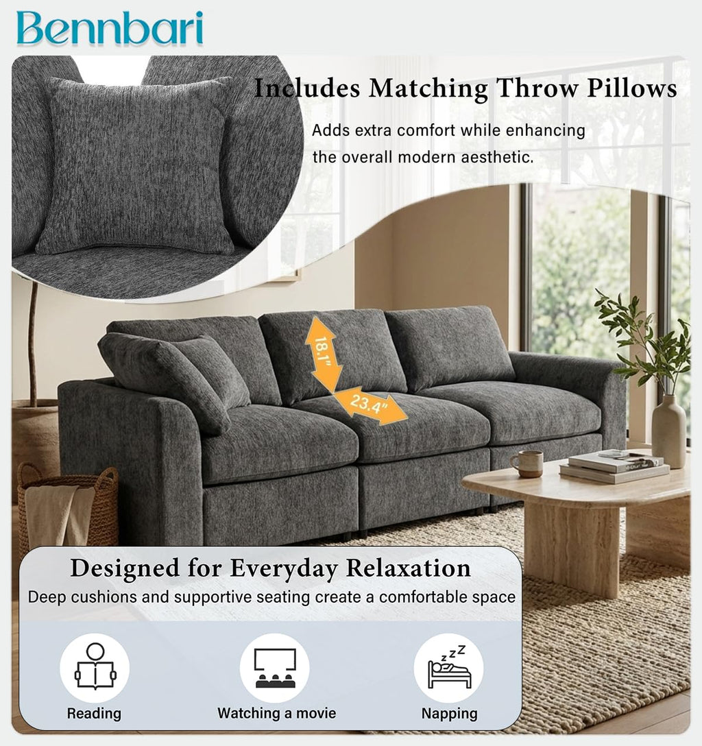 101.6 Inch Modern 3-Seater Sofa, Soft Chenille Fabric Couch with Solid Wood Frame, Layered Cushions, Deep Seat, Accent Pillow (Grey)