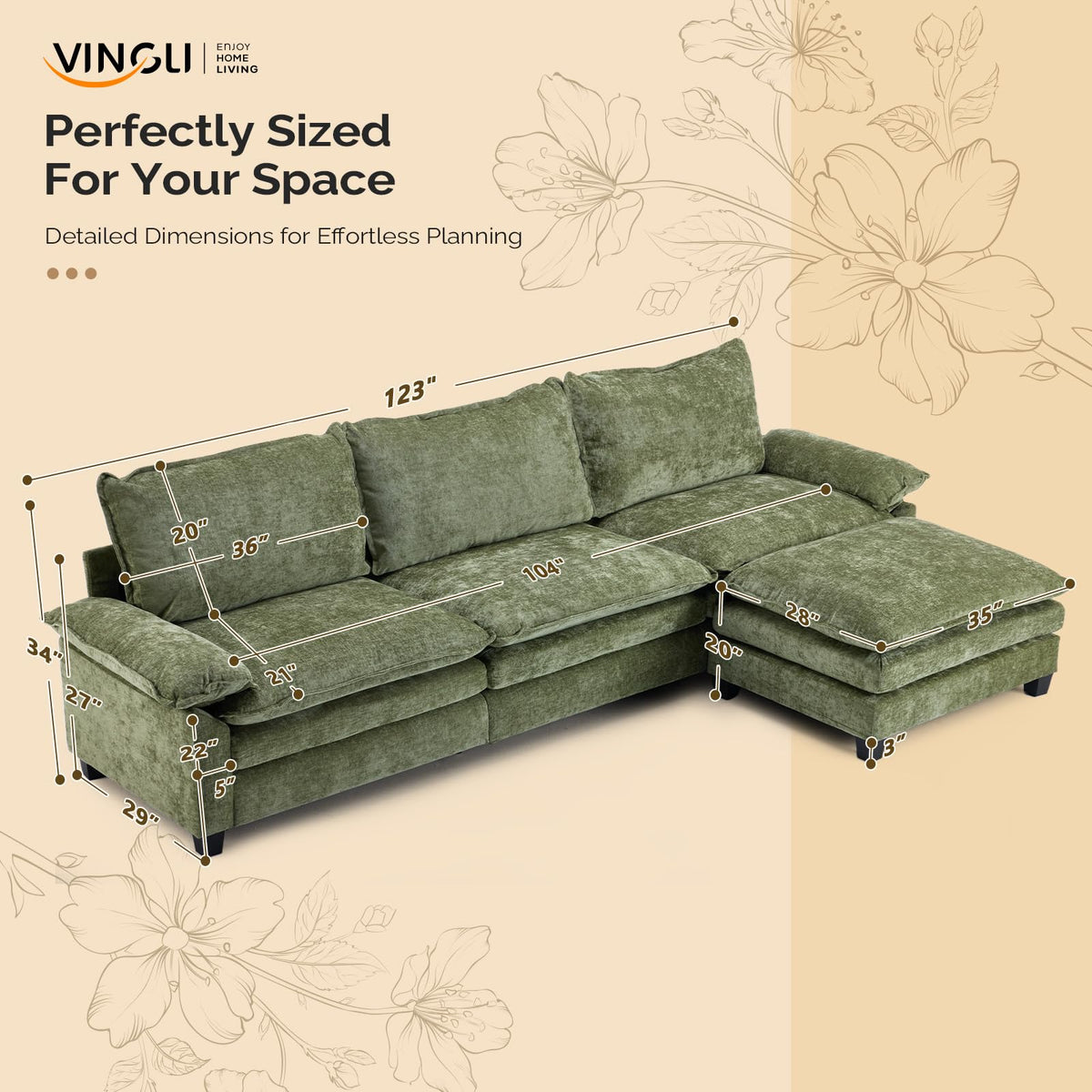 VINGLI 122" Chenille Double Layer Sofa Couch with 1 Ottoman, L-Shaped Sectional Cloud Couch for Small Spaces, Modern 3-Seater Sofa Set for Living Room & Apartment, Olive Green