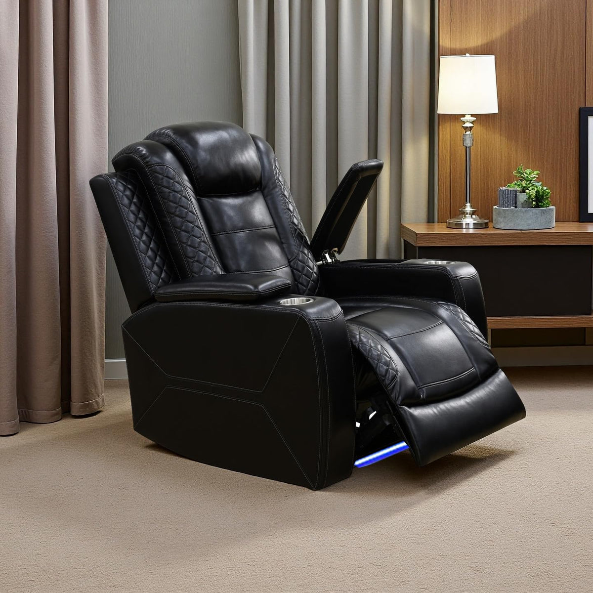 A Ainehome Power Leather Recliner Sofa Set with LED Lights, Recliner Sofa Sectional Couches for Living Room, Reclining Sofa, loveseat, Chair with USB Port/Storage Console/Cup Holder(black,3-piece set)