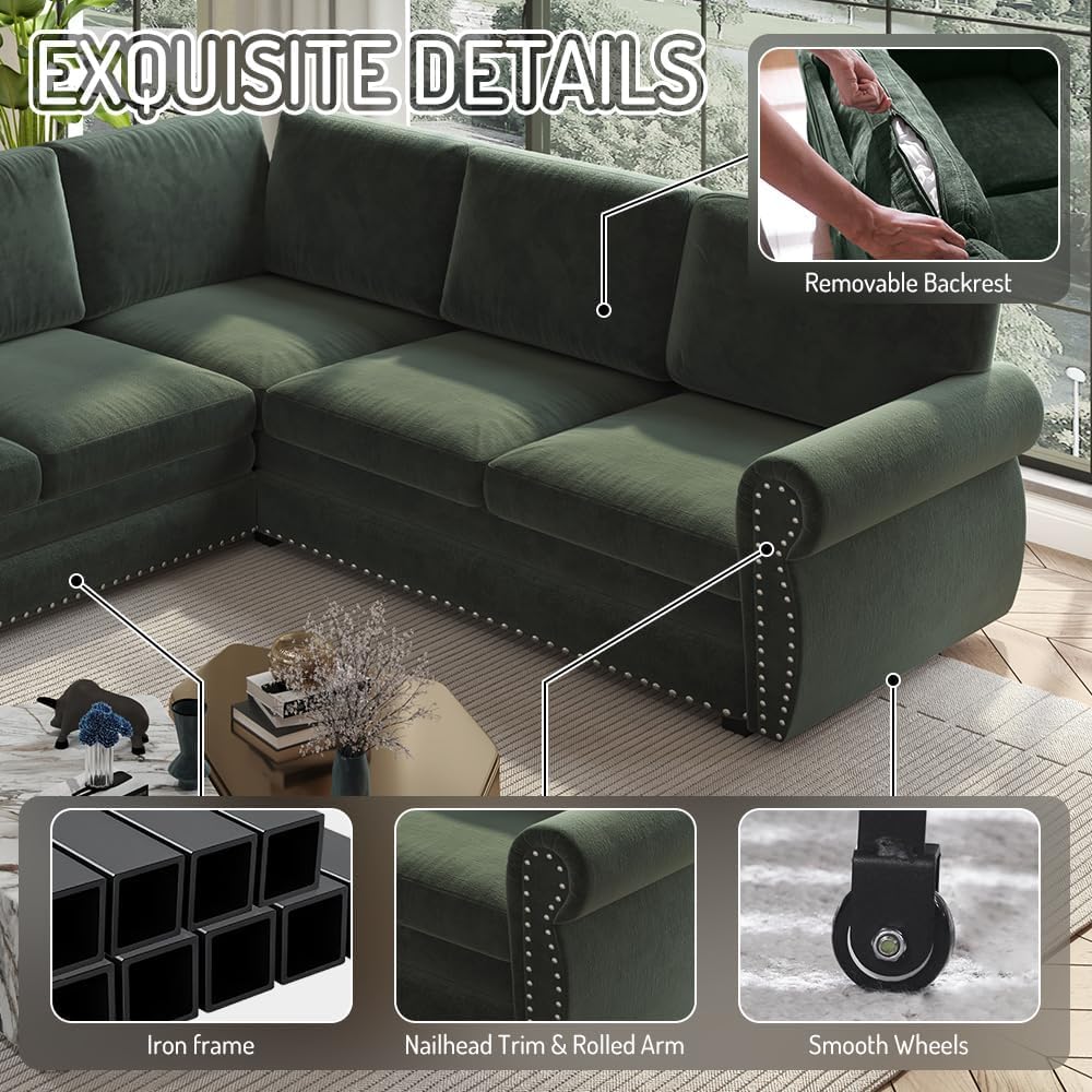 118" Sleeper Sofa Bed, Sectional Couches for Living Room/Apartment, Chenille L Shaped Couch with Pull Out Couch Bed, Convertible Sectional Sofa with Rolled Arm & Nailhead Trim, Green
