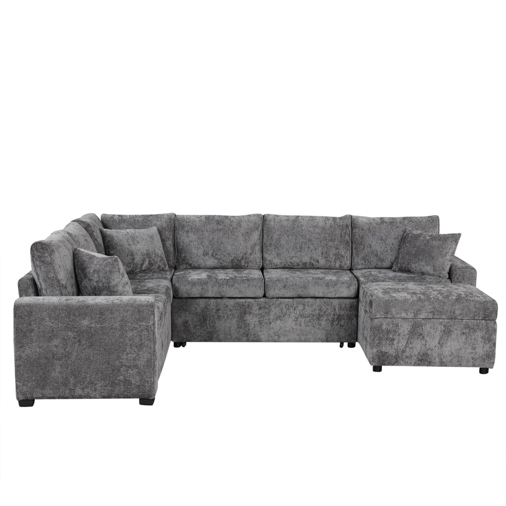 112.2" Sectional Sofa Pull-Out Bed Sleeper with Storage Ottoman Grey Chenille Living Room Cozy