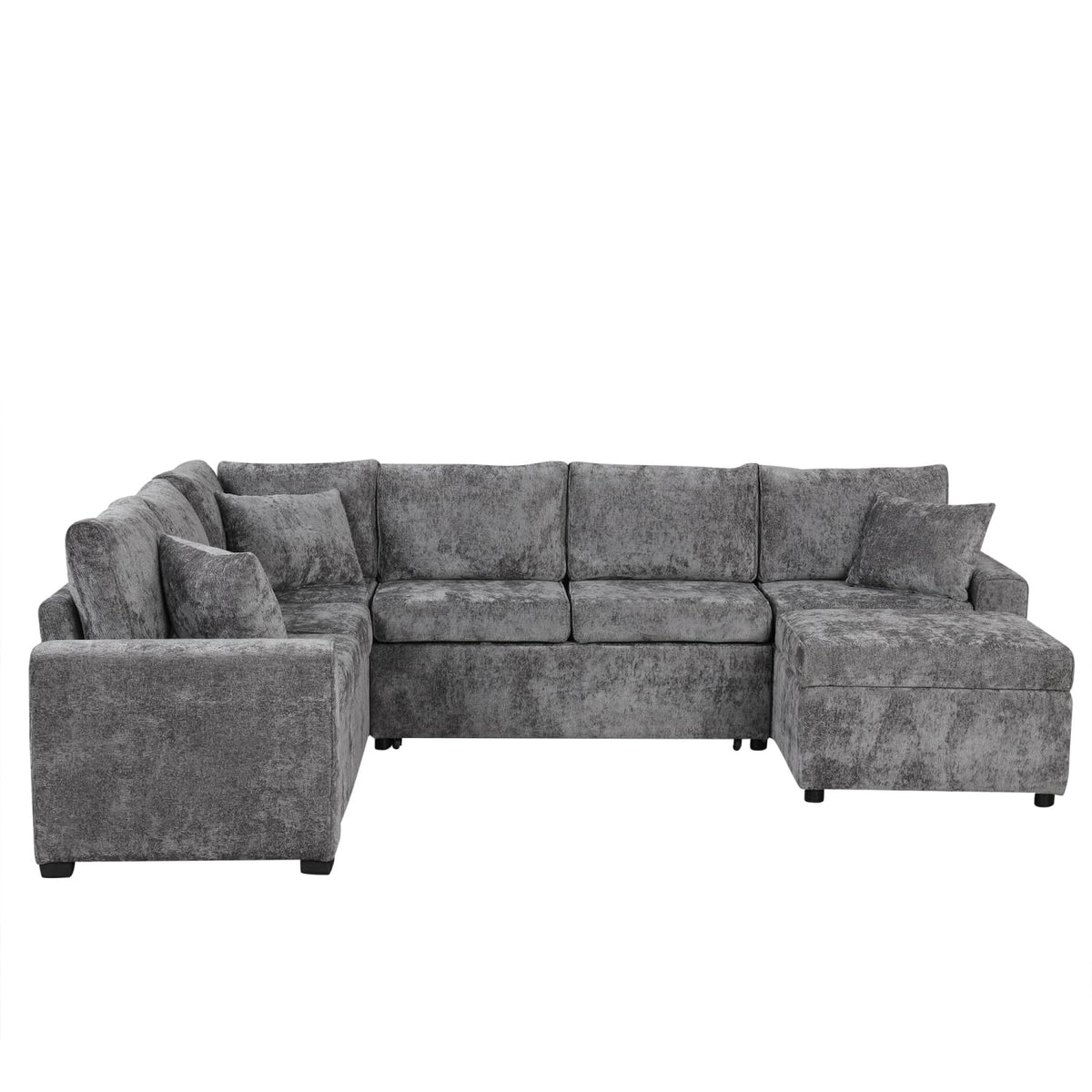 112.2" Sectional Sofa Pull-Out Bed Sleeper with Storage Ottoman Grey Chenille Living Room Cozy
