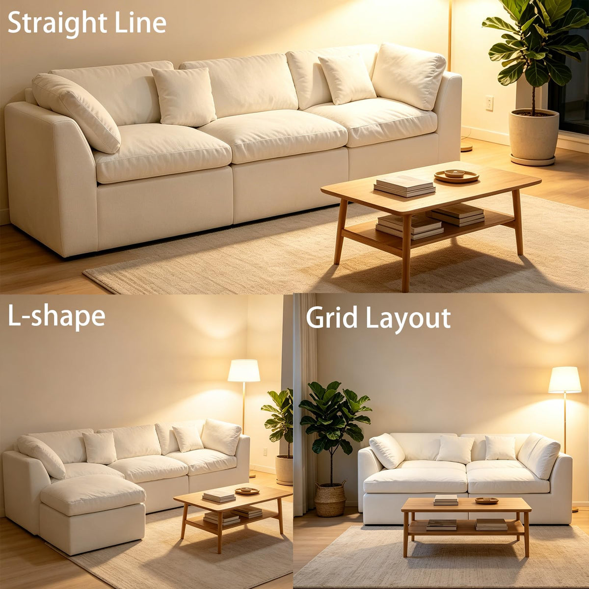112.5" Modular Sectional Sofa, Chenille L Shaped Cloud Sectional Couch with Movable Ottoman & Deep Seat, 4 Seat Couches with 4 Pillows for Living Room, Apartment, Office, 1200LBS Capacity, Beige