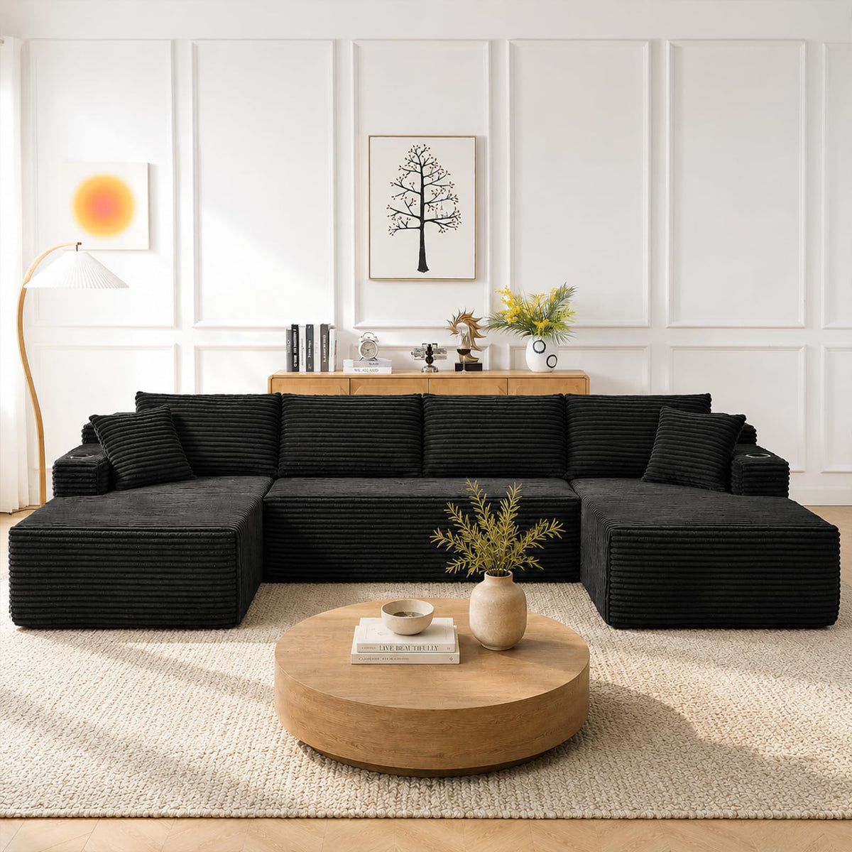 134" Modular Sectional Sofa Couch, Oversized U Shaped Boneless Couches with Side Pockets & Cup Holders, 4-Seater Modern Deep Seat Corduroy Sofa for Living Room, No Assembly, Black