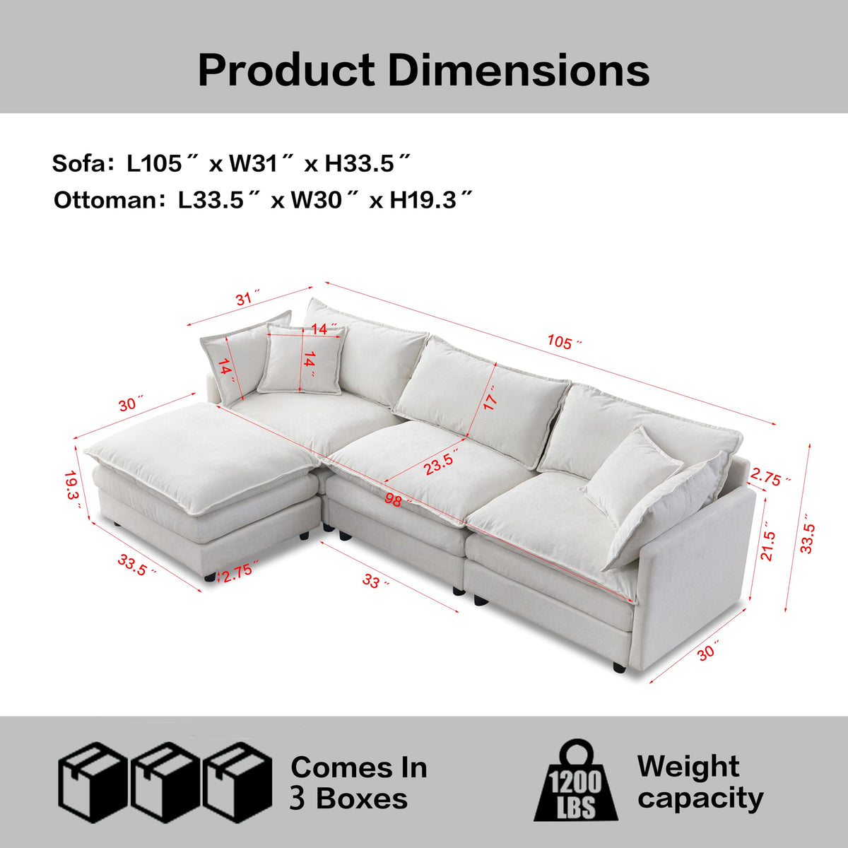 105 Inch Modular L Shaped Sofa with Ottoman, 3 Seater Chenille Fabric Sectional Couch, Independent Pocket Spring & High Density Foam Cushion, Solid Wood Frame Tool (Three White Seats)
