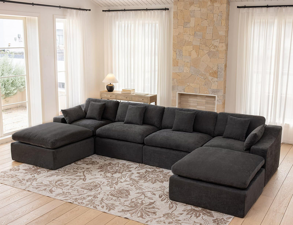 120" Cloud Sectional Couches -Oversized Modern Modular Sofa with Curved Handrail, Convertible L-Shape Couch with Ottoman,4 Chenille Seater Modular Sectional Sofa for Living Room,White