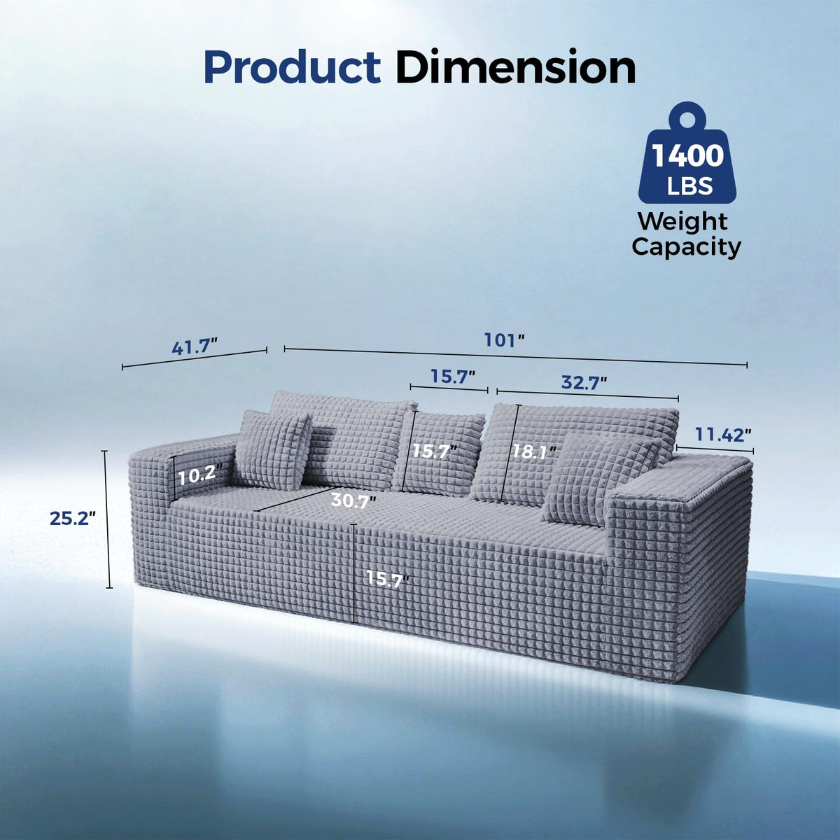 101" Couch for Living Room Furniture Diamond Boneless Sofa with 31-inch Extra Deep Seat, No Assembly, Gray