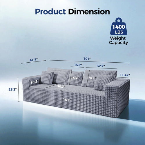 101" Couch for Living Room Furniture Diamond Boneless Sofa with 31-inch Extra Deep Seat, No Assembly, Gray