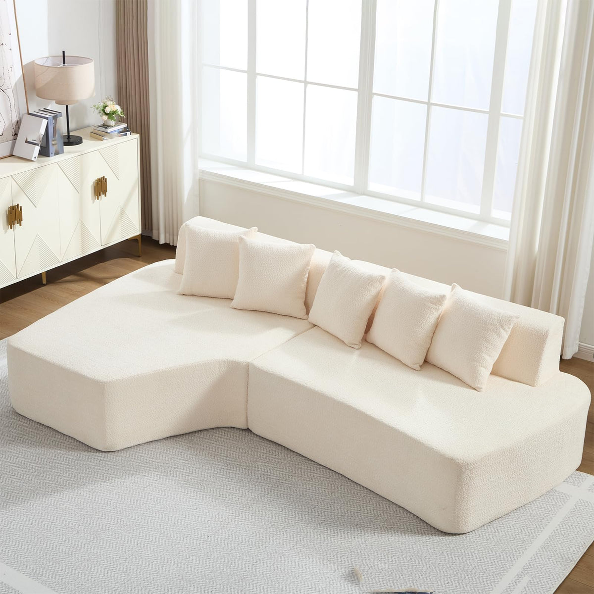 110.2" Minimalist Couches Sleeper with 5 Pillows and Comfy Chaise Irregular L-Shaped Compression Modular Sectional Sofa with Deep Seats for Living Room Apartment Lounge, Ivory