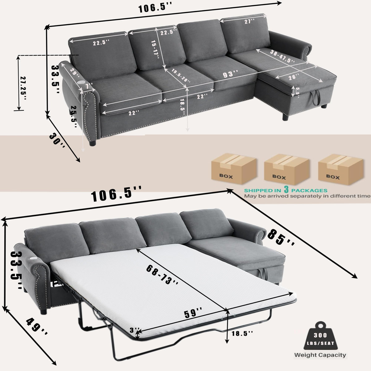 106.5" Pull Out Sofa Bed,L Shaped Modular 4 Seater Couch,2-in-1 Sleeper Sofa,Wireless Charging, USB Charging Ports,Memory Foam Mattress,Storage Space