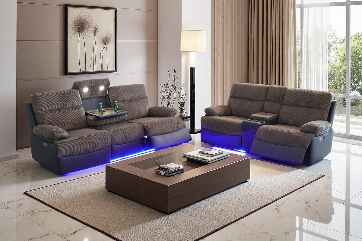 A Ainehome Power Leather Recliner Sofa Set with LED Lights, Recliner Sofa Sectional Couches for Living Room, Reclining Sofa, loveseat, Chair with USB Port/Storage Console/Cup Holder(black,3-piece set)