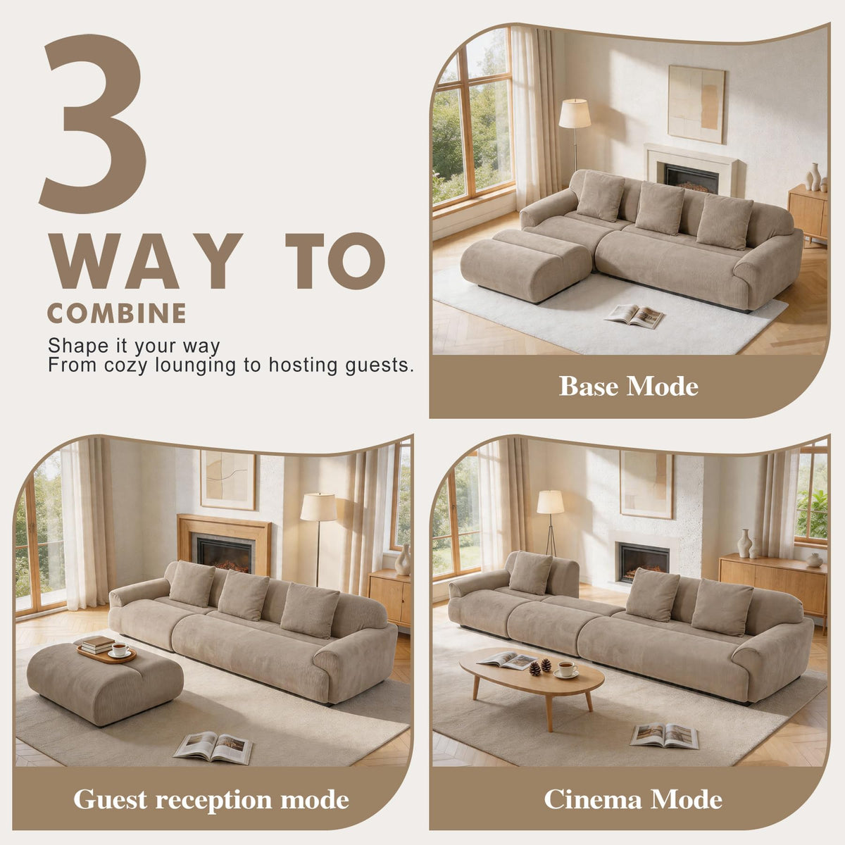 108" Curved Modular Sectional Sofa, Brown Boneless Couch with Ottoman, Corduroy Memory Foam L-Shaped Low Profile Sofa, No Assembly