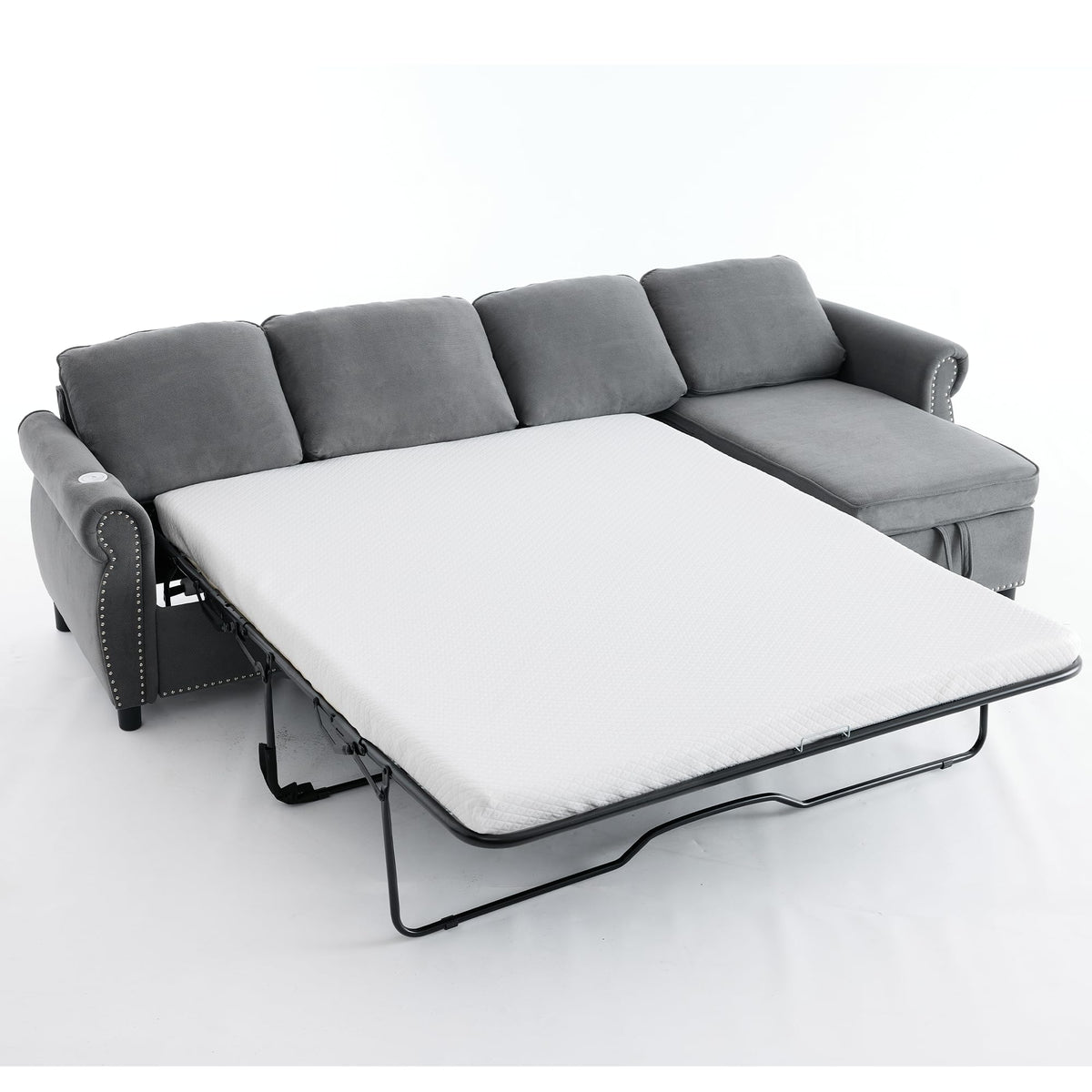 106.5" Convertible Sleeper Sofa Bed with Pull Out Couch, Dark Grey L Shaped Couch with Storage Chaise & Memory Mattress, Modular Sectional Couches with Wireless Charging & USB for Living Room