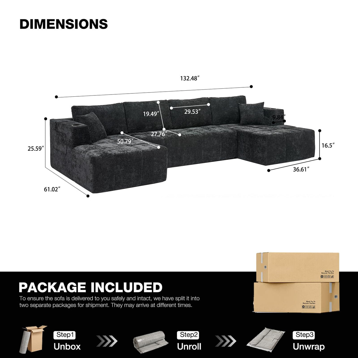 132" U Shaped Couch, Oversized Modular Sectional Sofa with Double Chaise, Deep Seat Convertible Chenille Cloud Couch with Cup Holders and Storage Pockets for Living Room, Black