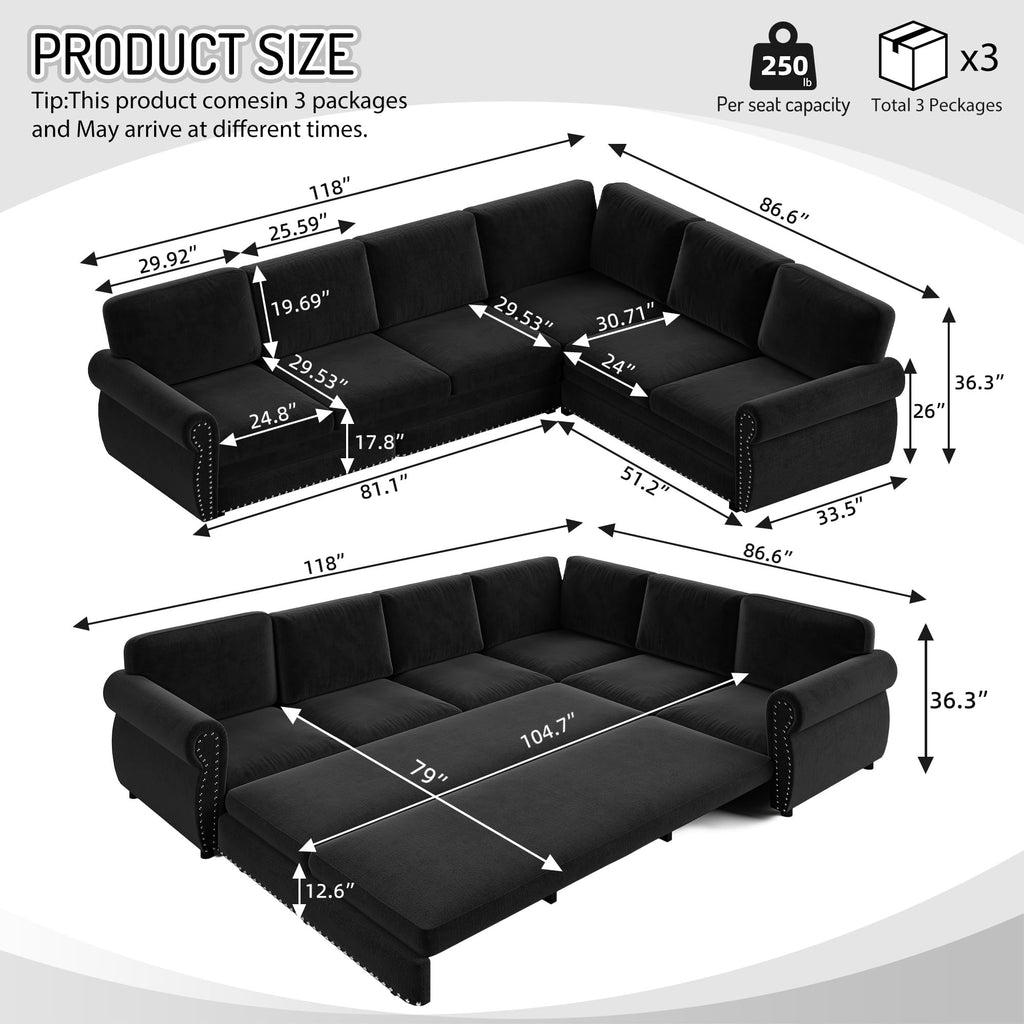 118" L-Shaped Sofa Couch with Pull-Out Bed,Oversize Convertible Sleeper Sofa with Nailhead Trim & Rolled Arm,Chenille Upholstered Sectional Couches, for Living Room, Black