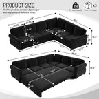 118" L-Shaped Sofa Couch with Pull-Out Bed,Oversize Convertible Sleeper Sofa with Nailhead Trim & Rolled Arm,Chenille Upholstered Sectional Couches, for Living Room, Black