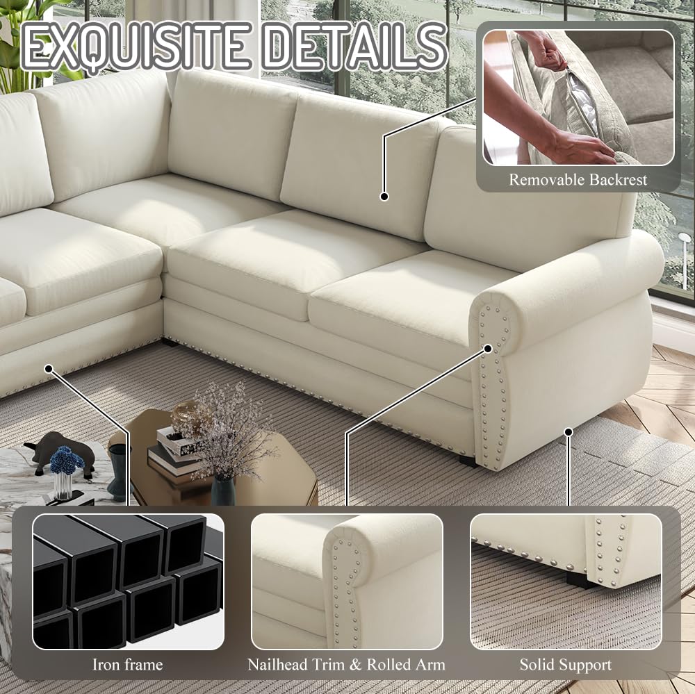 118'' Sectional Sleeper Sofa Bed King Size, Oversized Pull Out Couch, Chenille 6-Seater L-Shape Convertible Sofa with Nailhead Trim, Modern Upholstered Living Room Couches for Apartment, Beige